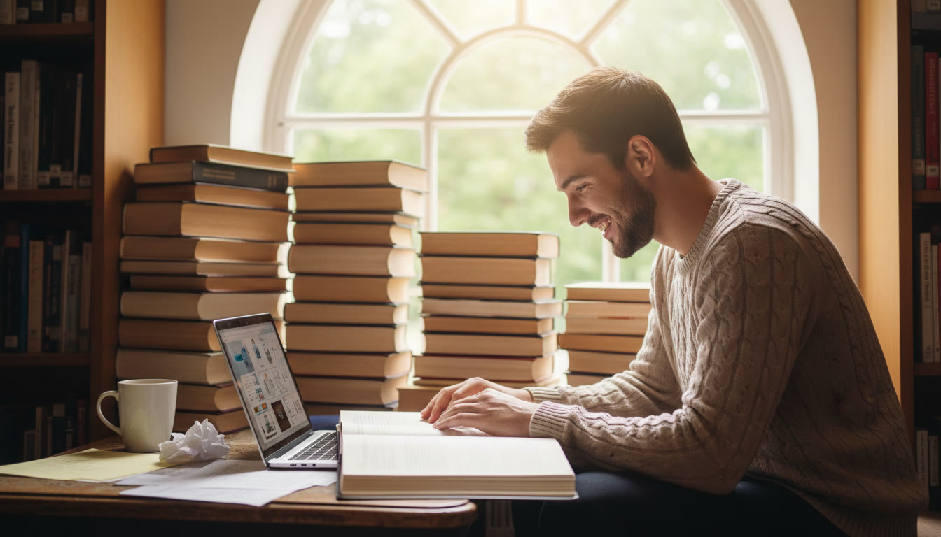 Photo Idea : Student in a library corner deeply engaged with a stack of books and a laptop