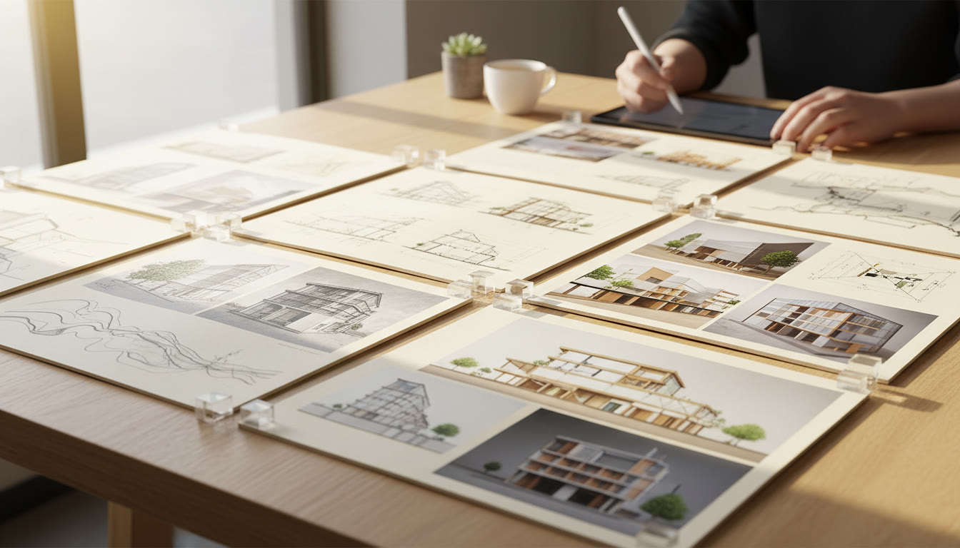 Photo Idea : Neatly arranged architecture portfolio pages showing sketches, plans and model photos