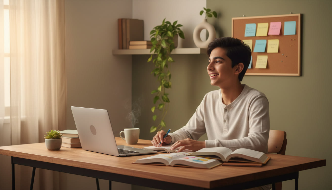 Photo Idea : Student studying at a neat desk with open books, laptop, and sticky notes, looking focused