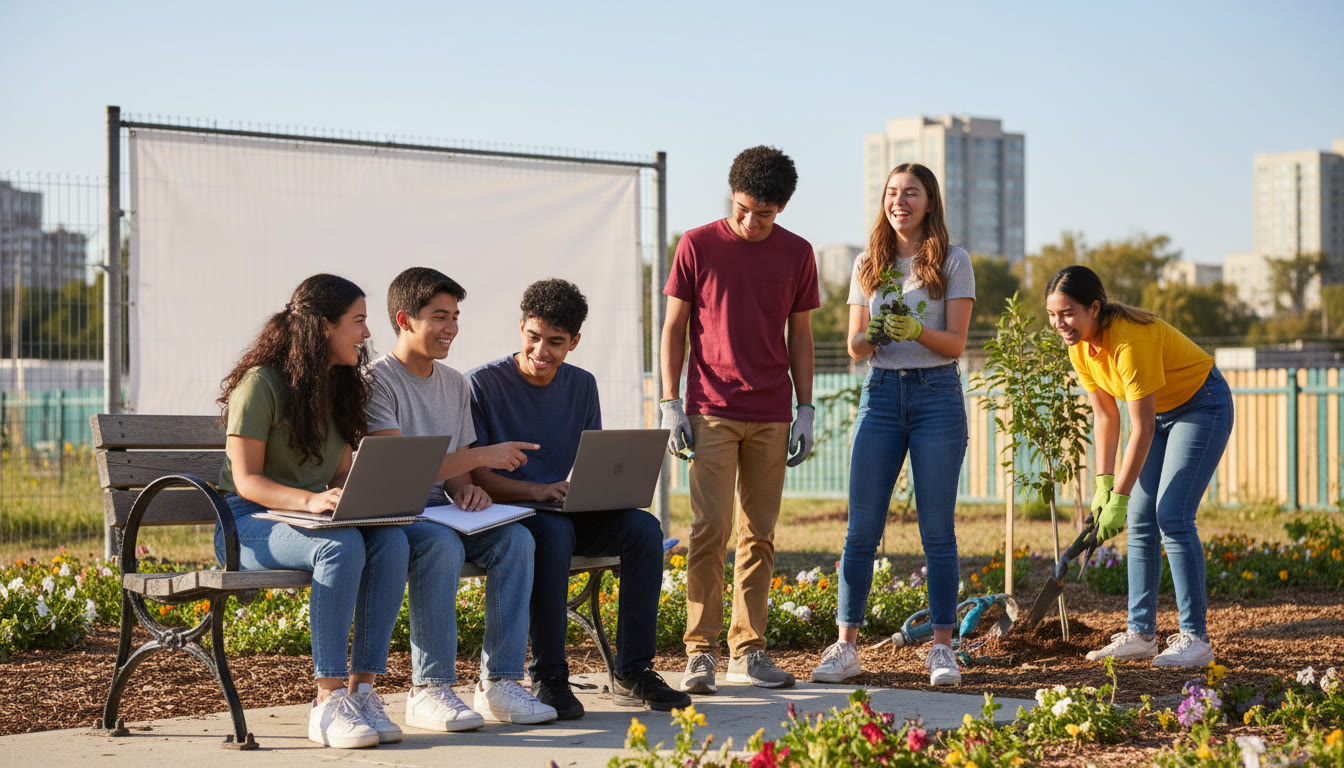Photo Idea : Diverse students collaborating on a community service project with notebooks and laptops