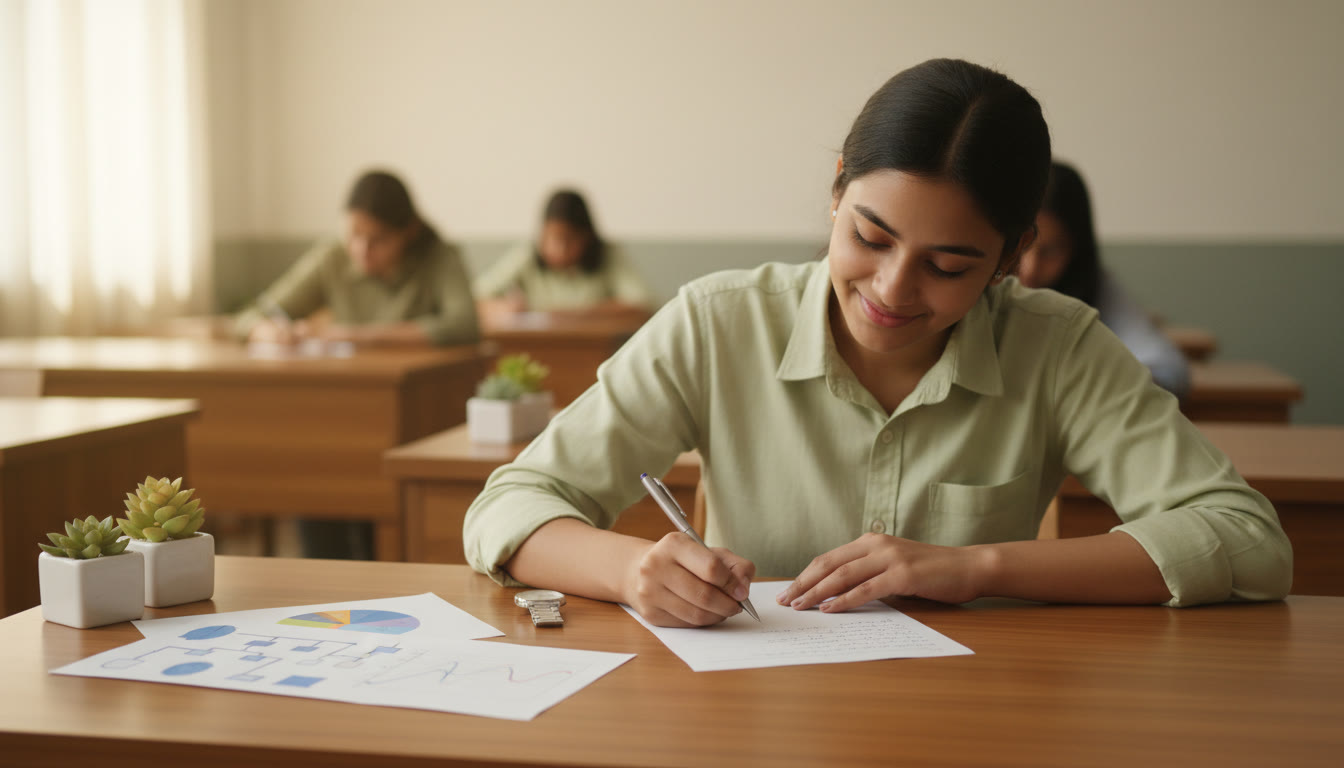 Photo Idea : A calm student in an exam hall writing neatly on an answer sheet, with a watch and a clear layout of notes beside them.