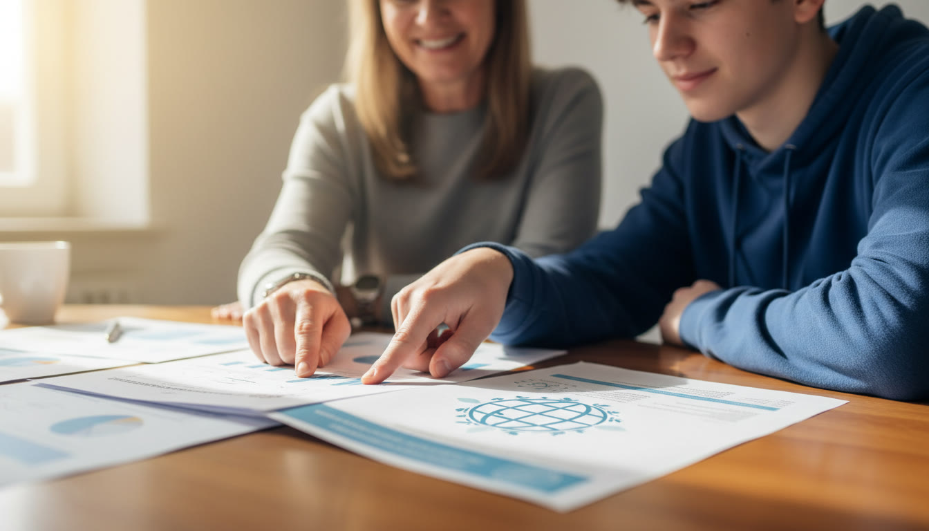 Photo Idea : A close-up of an application packet on a table with a teacher and a student pointing at a document together
