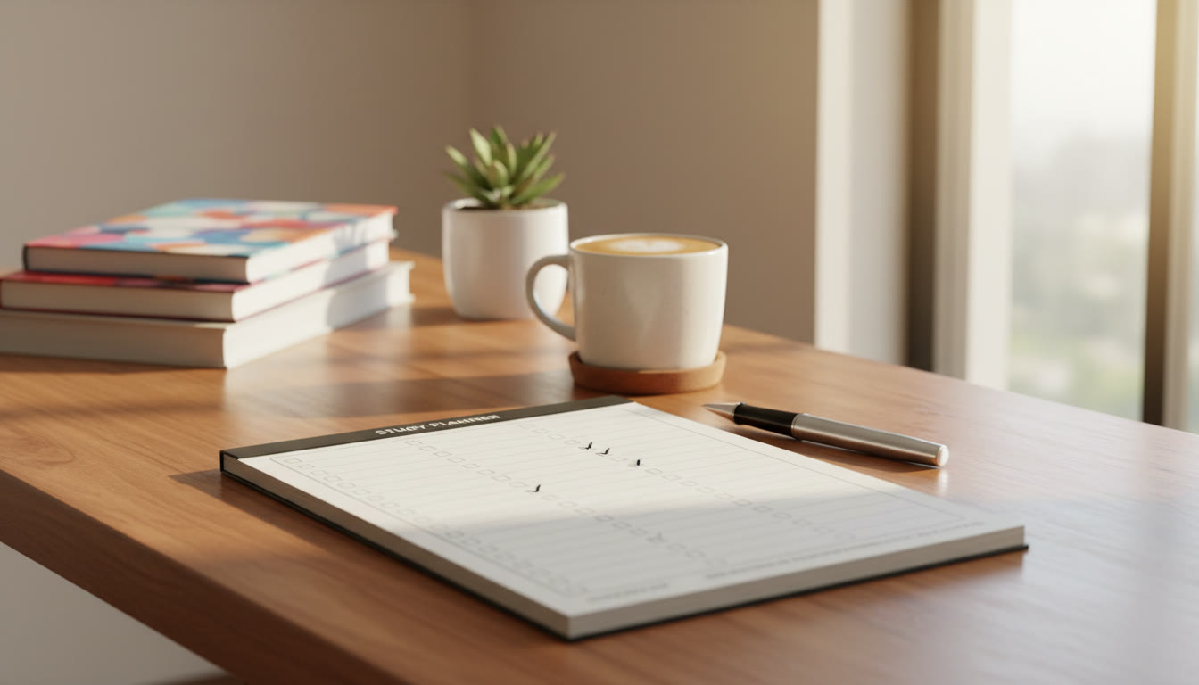 Photo Idea : A neat revision planner showing chapters ticked off, a pen and a cup of coffee beside it
