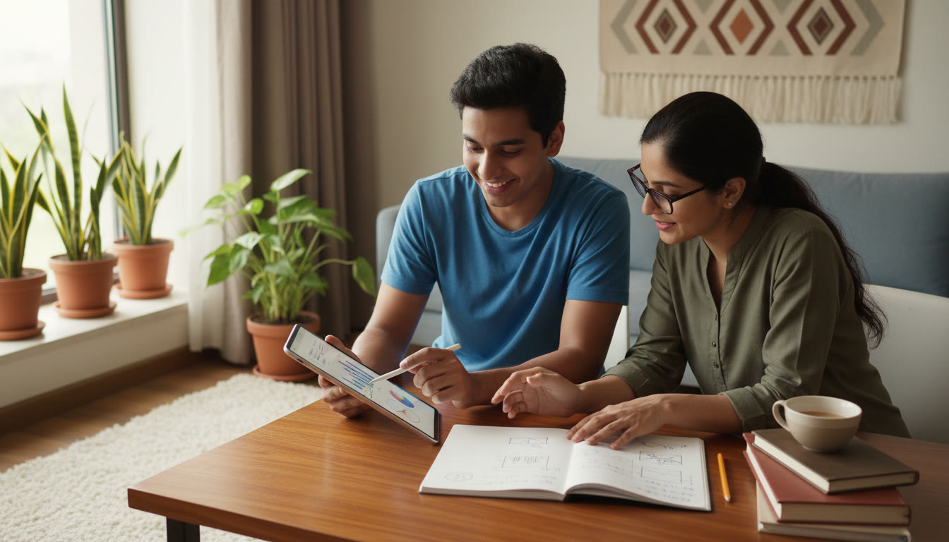 Photo Idea : A student reviewing an error log on a tablet with a tutor discussing focused corrections
