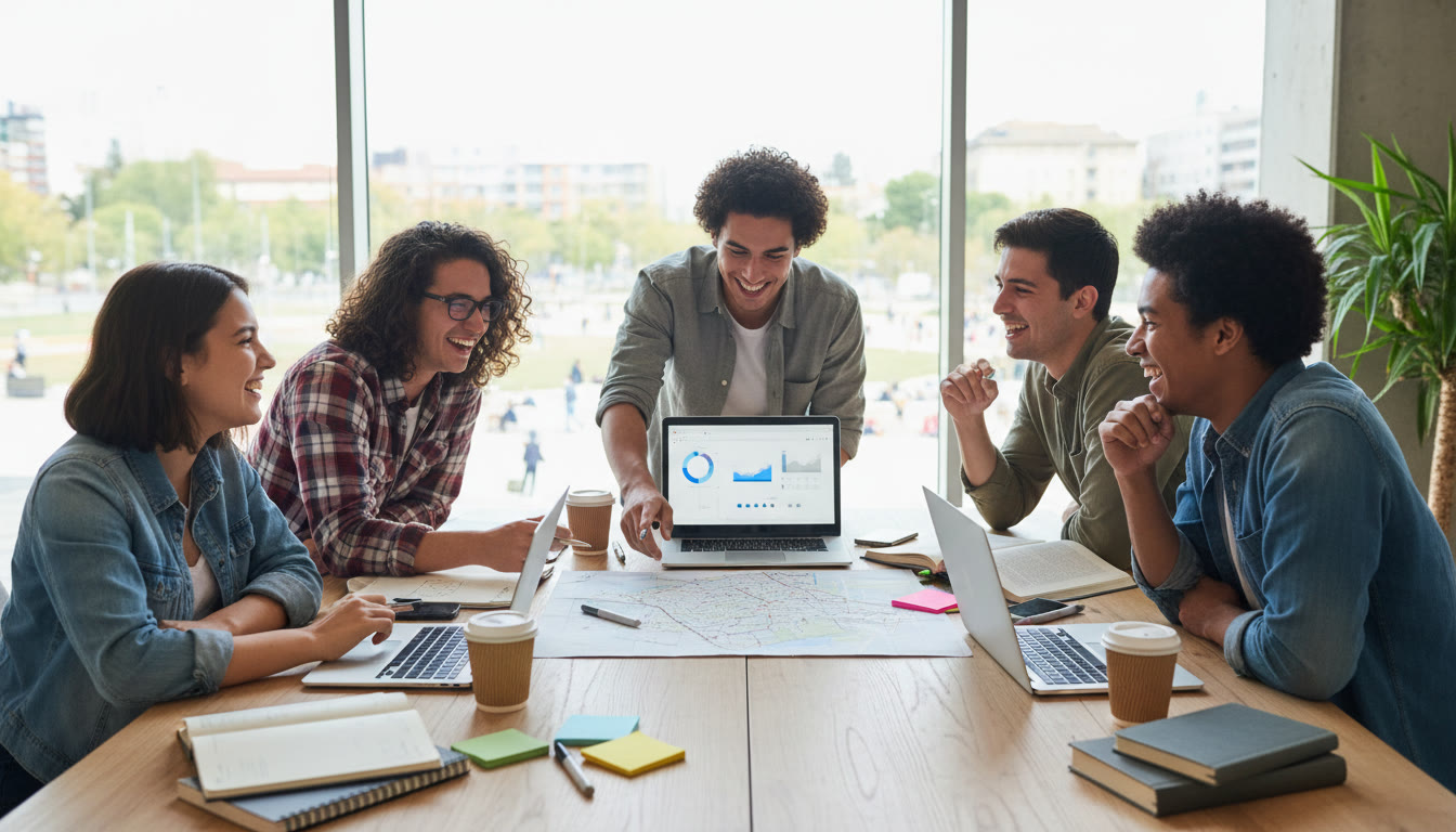Photo Idea : student group planning a community project around a table with materials and laptops