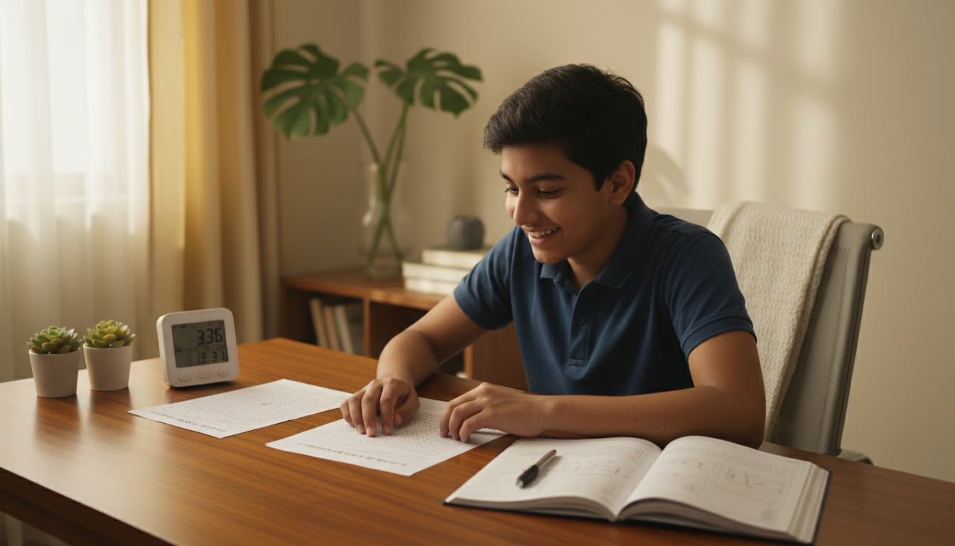 Photo Idea : Focused student at a desk with a timer, OMR sheet, and open physics notebook