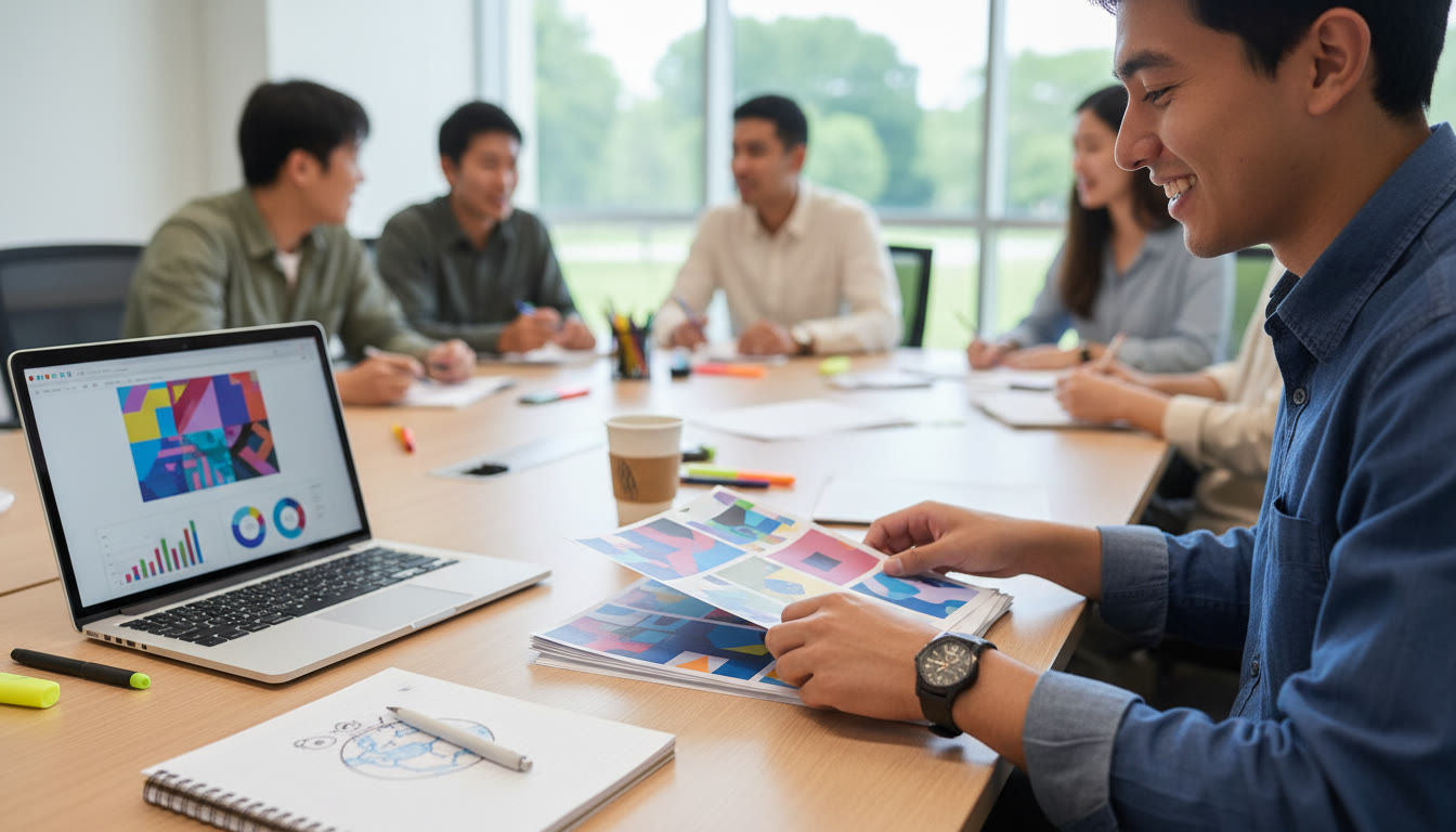 Photo Idea : Close-up of a student arranging printed workshop handouts on a table with a laptop and a notepad