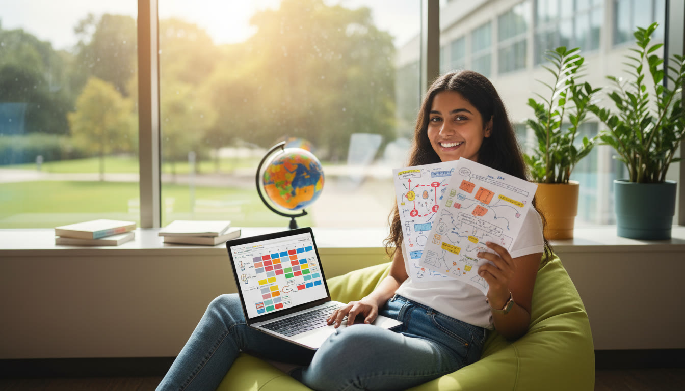Photo Idea : A student holding annotated mock exam papers and a laptop open to a revision plan