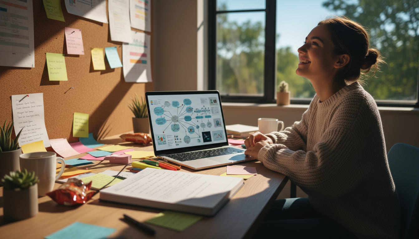 Photo Idea : Student at a desk surrounded by research notes with an open laptop and an Extended Essay draft