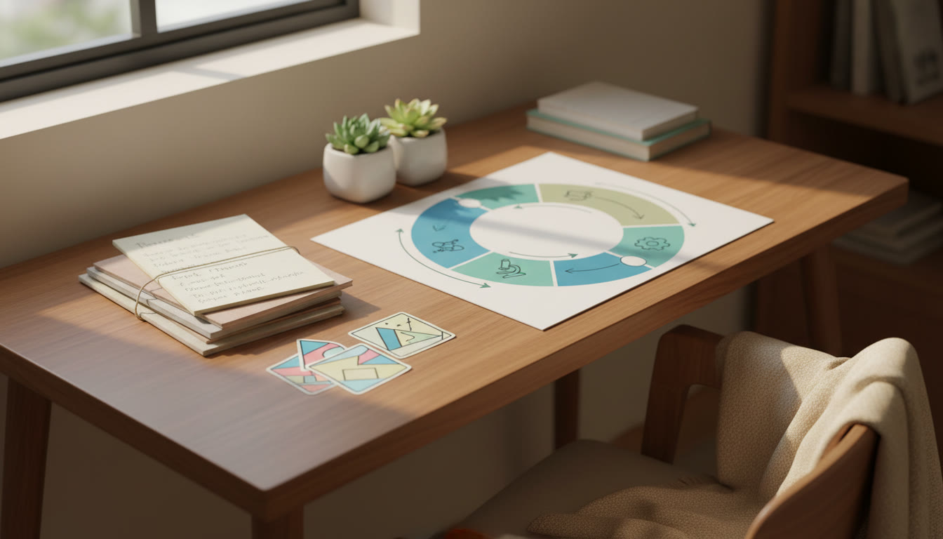 Photo Idea : Desk with neatly organized study notes, formula cards and a chart showing weekly revision cycles