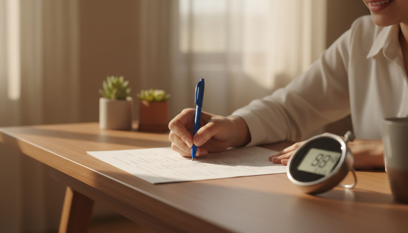 Photo Idea : close-up of a hand marking answers on a printed mock question sheet with a visible stopwatch