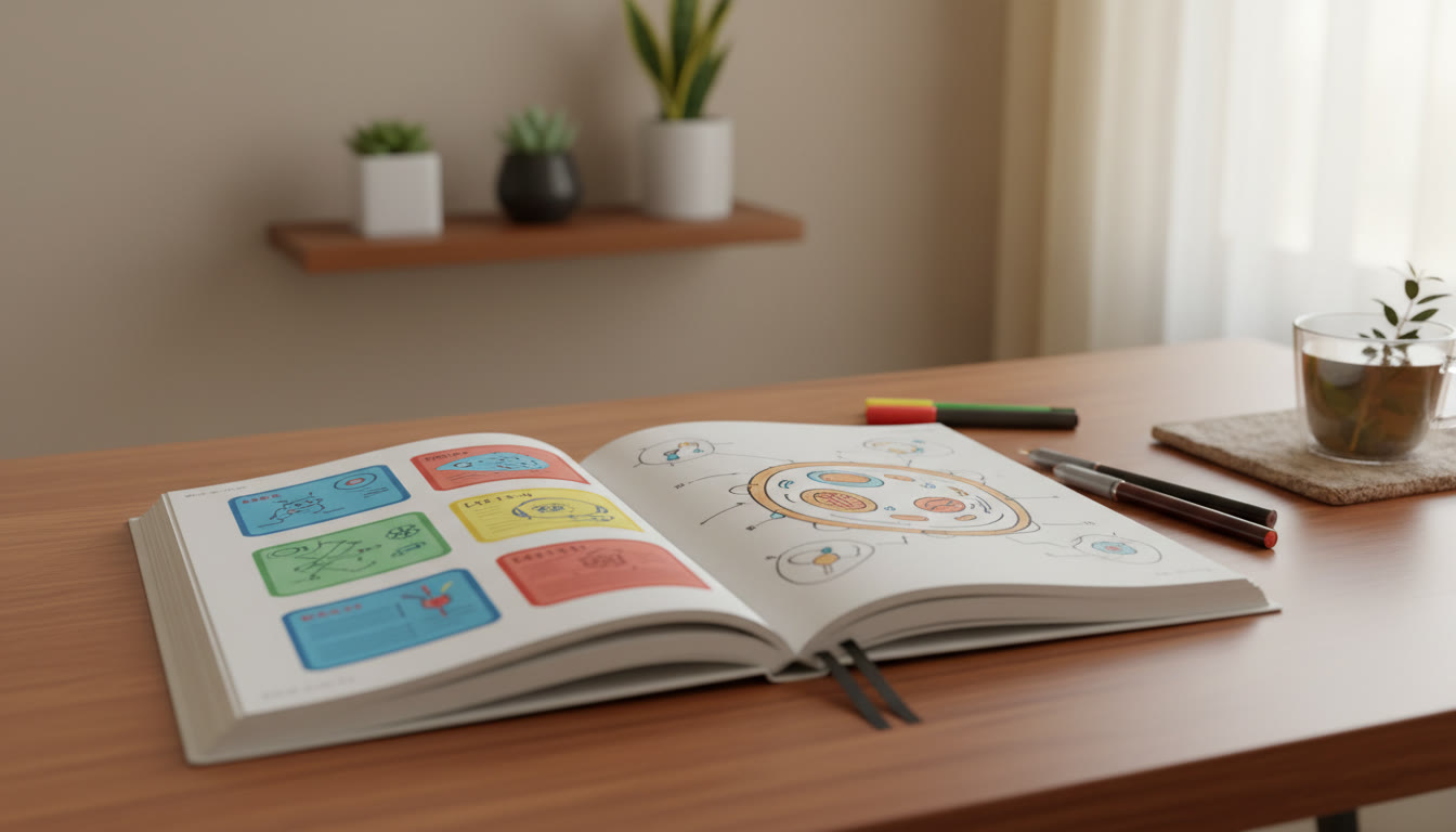 Photo Idea : Close-up of a neat notebook with color-coded concept cards and a labelled scientific diagram