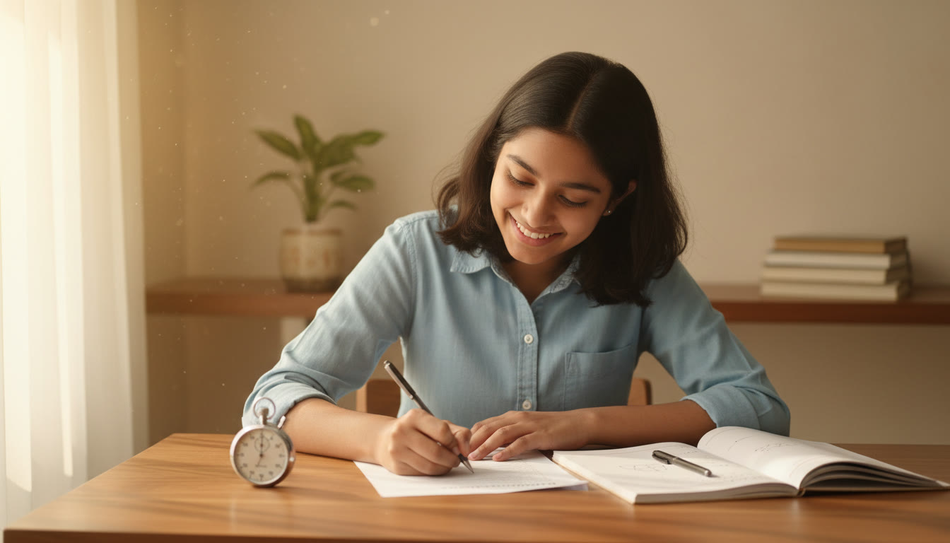 Photo Idea : Student solving a physics sample paper at a desk with a stopwatch, notebook, and pen
