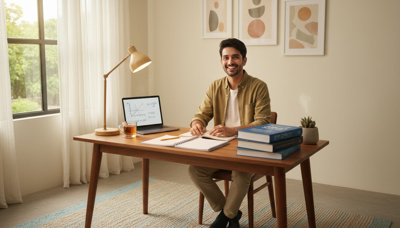Photo Idea : student at a study desk with textbooks, a laptop showing a problem, and neat notes