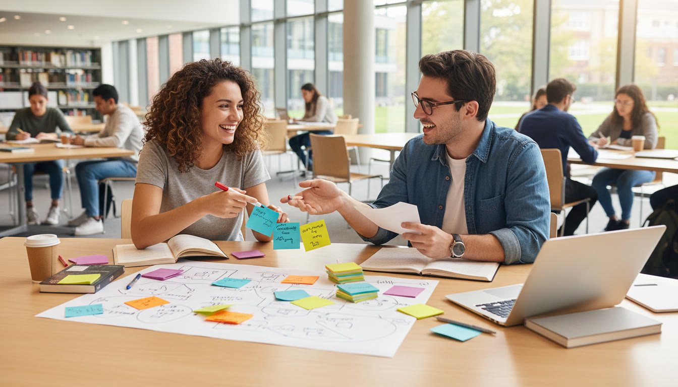 Photo Idea : Two students discussing a TOK presentation with colorful post-it notes on a table