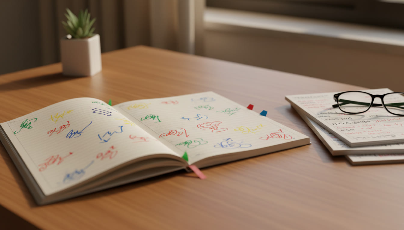 Photo Idea : A close-up of a mistake notebook page with color-coded error tags and a small stack of annotated PYQ printouts