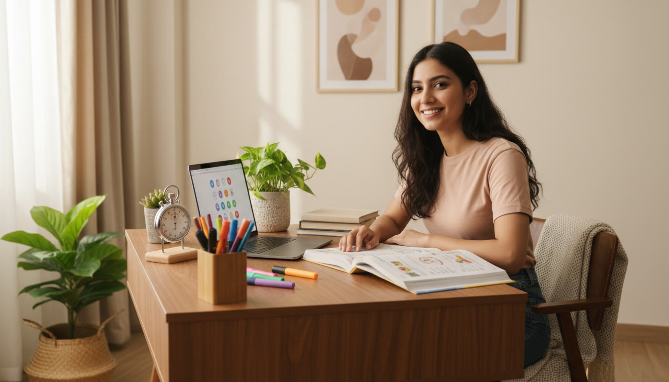 Photo Idea : Student sitting at a tidy study desk, stopwatch visible, practicing an MCQ mock with open Biology and Chemistry books