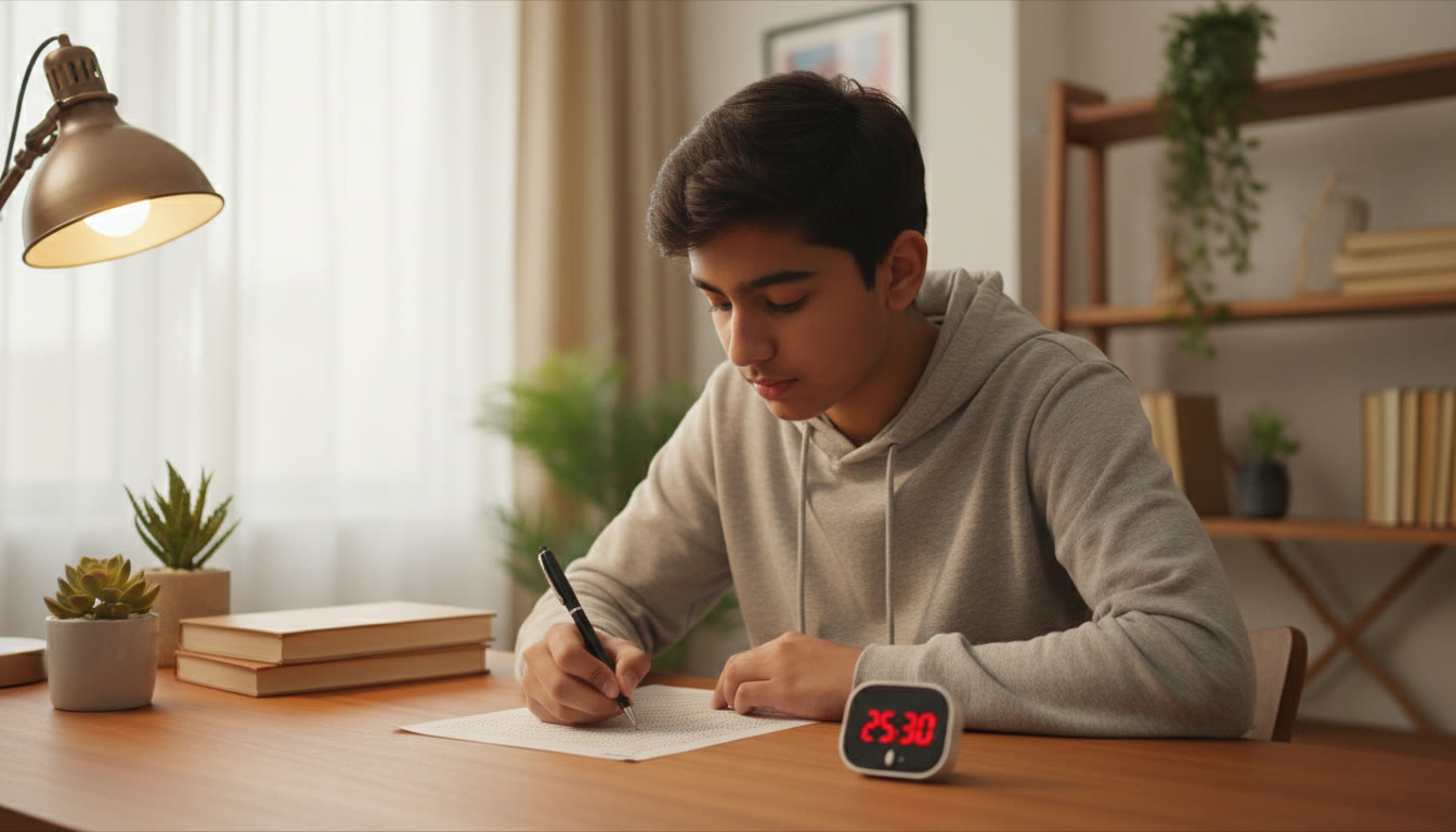 Photo Idea : A student filling an OMR sheet with a focused expression, timer visible nearby