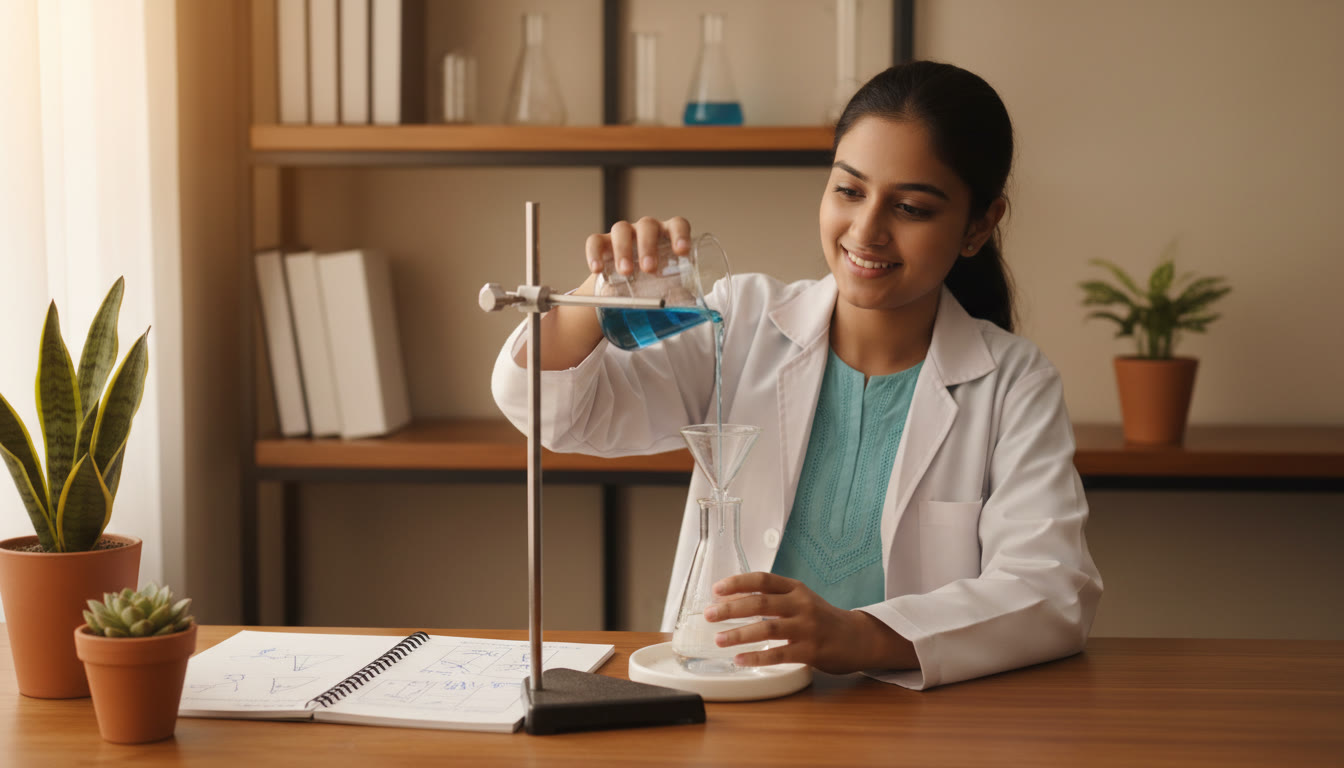 Photo Idea : Student carefully pouring solution into a burette with a neat lab notebook open beside them