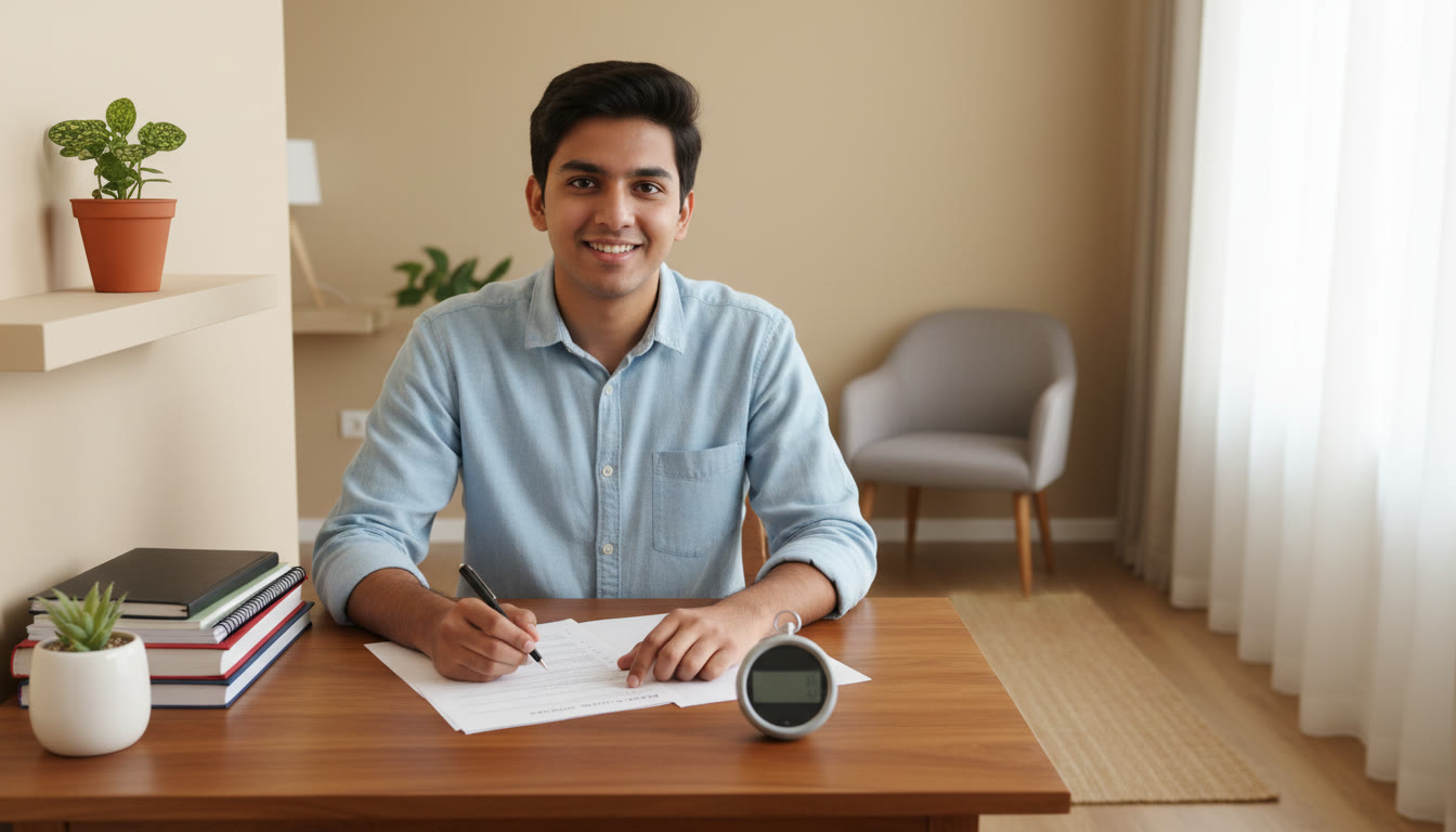 Photo Idea : Student at a tidy desk reviewing a mock test sheet with a pen and a stopwatch nearby