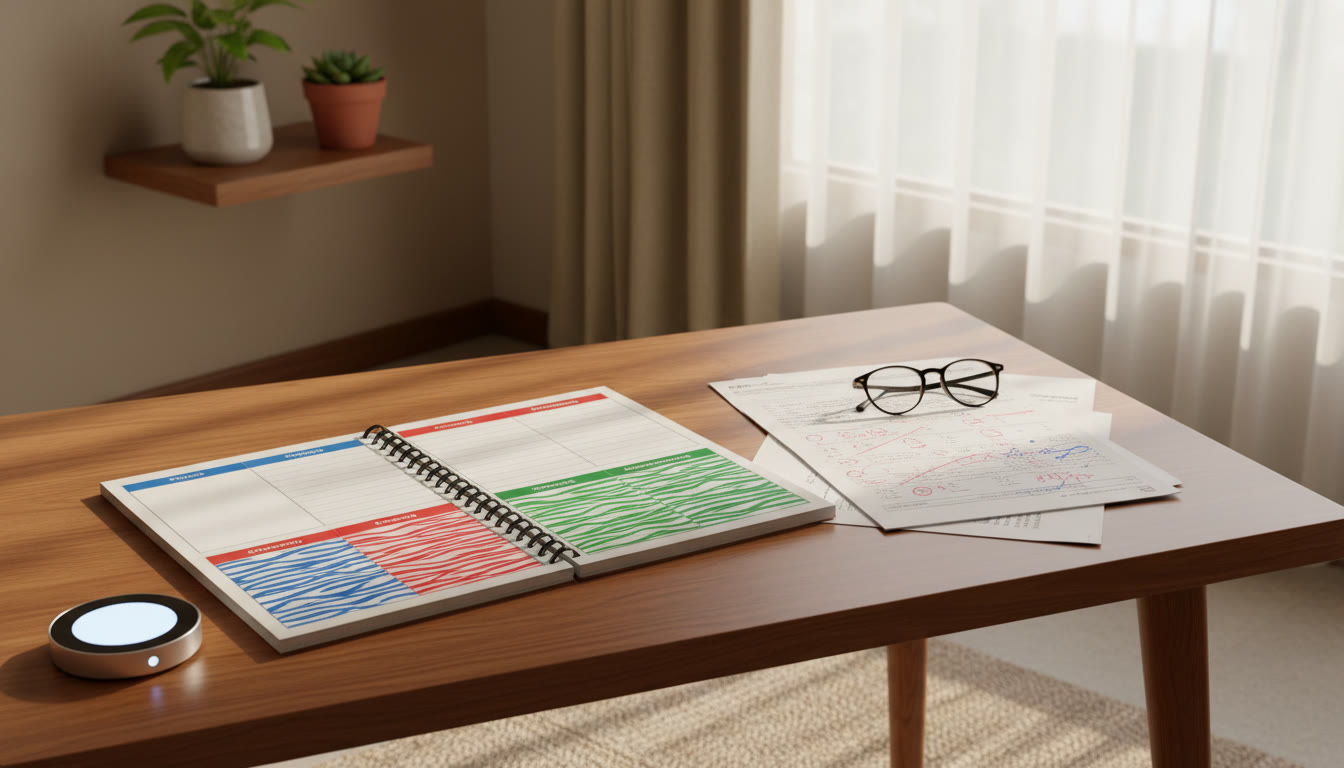Photo Idea : A study planner open on a table showing color-coded subject slots, a timer, and a solved mock paper with corrections.