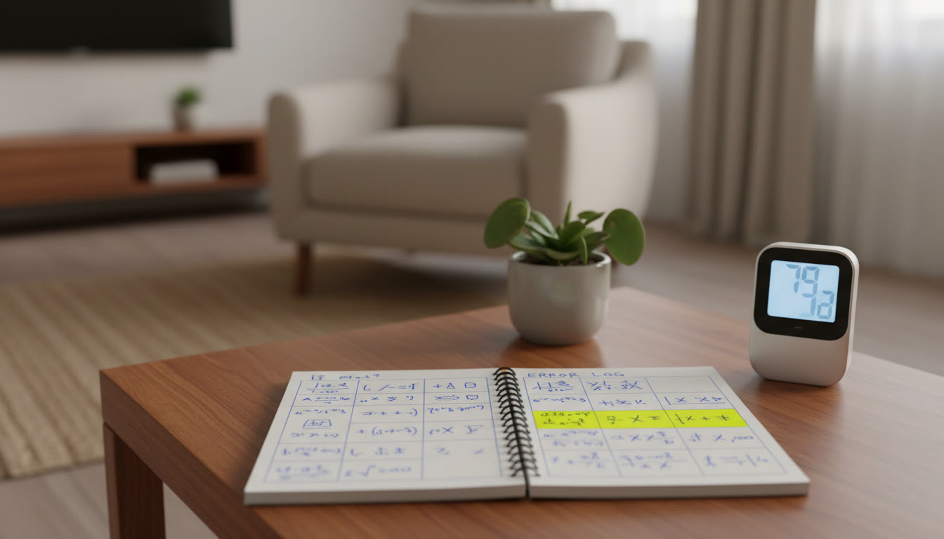 Photo Idea : A close-up of an open notebook with neatly boxed formulas, a highlighted error log, and a timer in the corner.