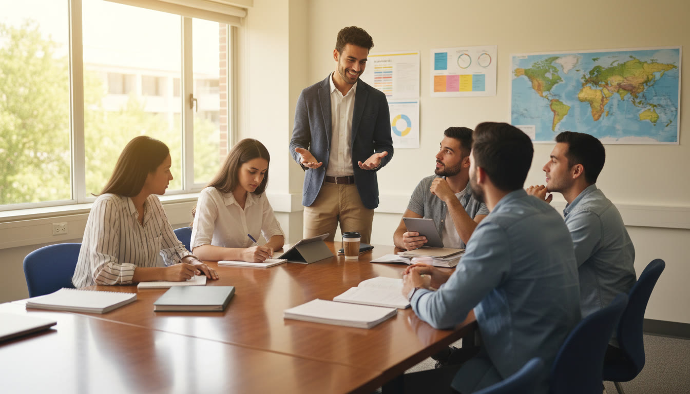 Photo Idea : A small group of students rehearsing mock interviews in a bright classroom, one student speaking while others take notes