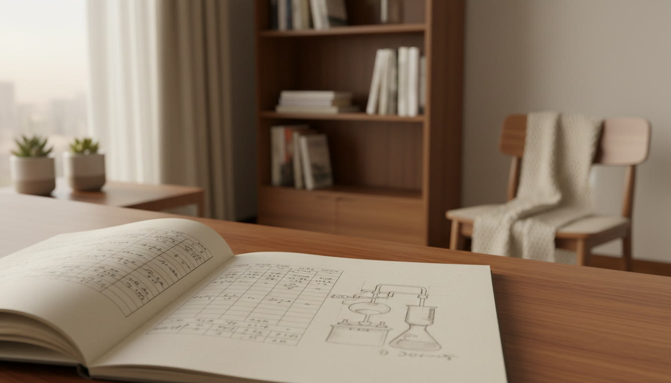 Photo Idea : Close-up of a neat practical record book page with tables, calculations and a labelled apparatus sketch