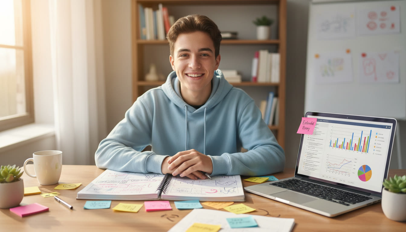 Photo Idea : student at desk with an annotated EE draft, sticky notes, and a laptop open to data tables