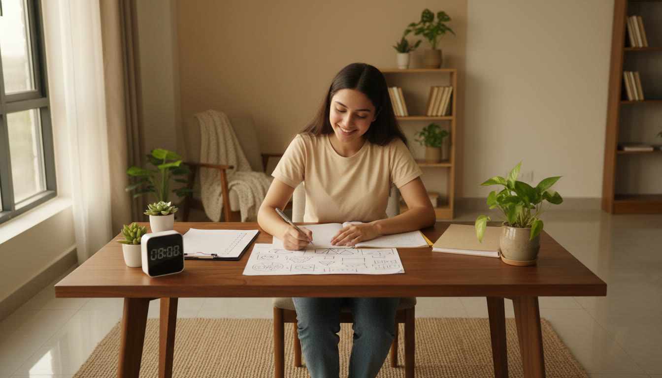 Photo Idea : A focused student at a desk with neat notes, a timer, and a checklist