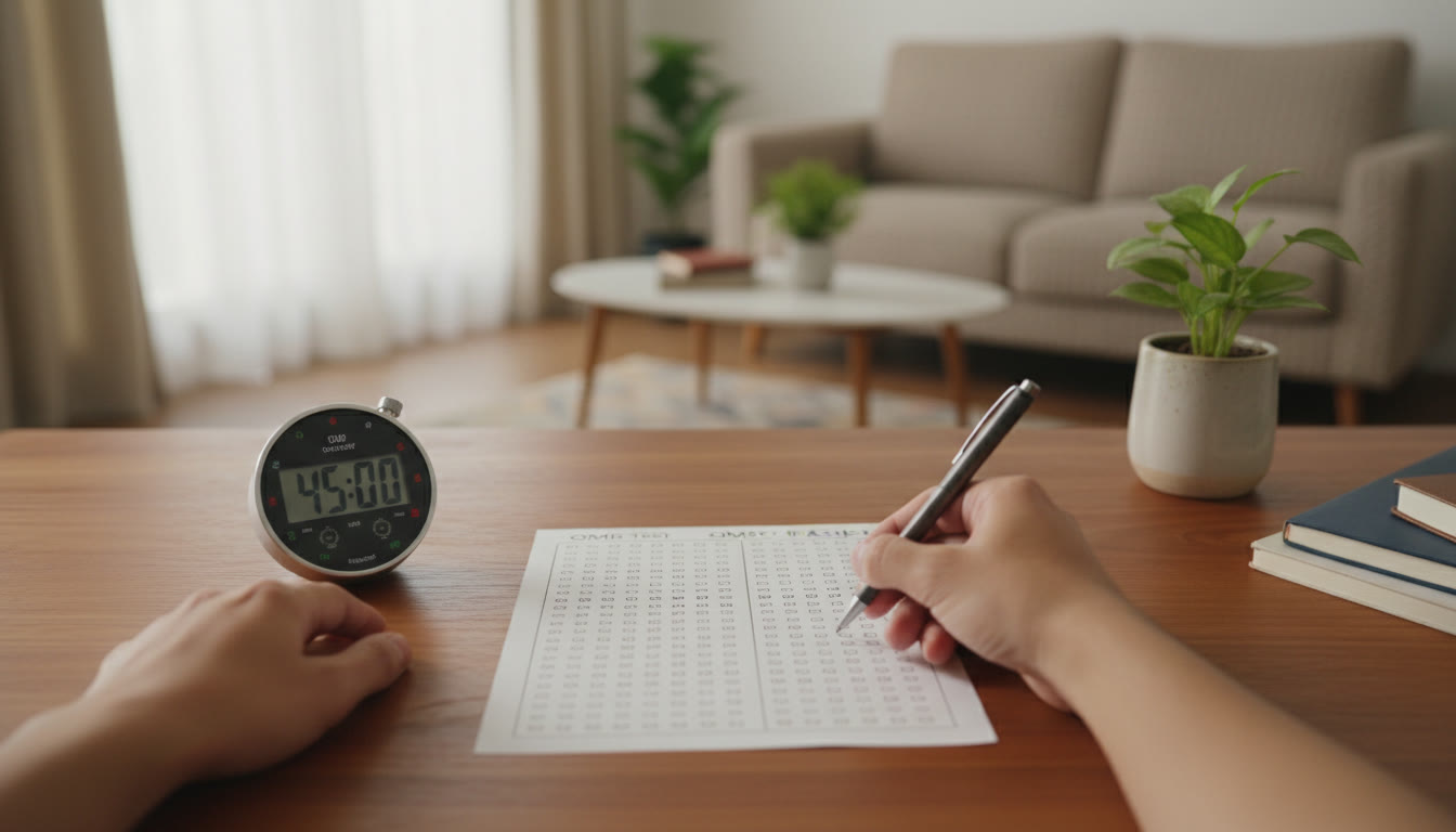 Photo Idea : Close-up of a timed mock test with a stopwatch and OMR sheet practice