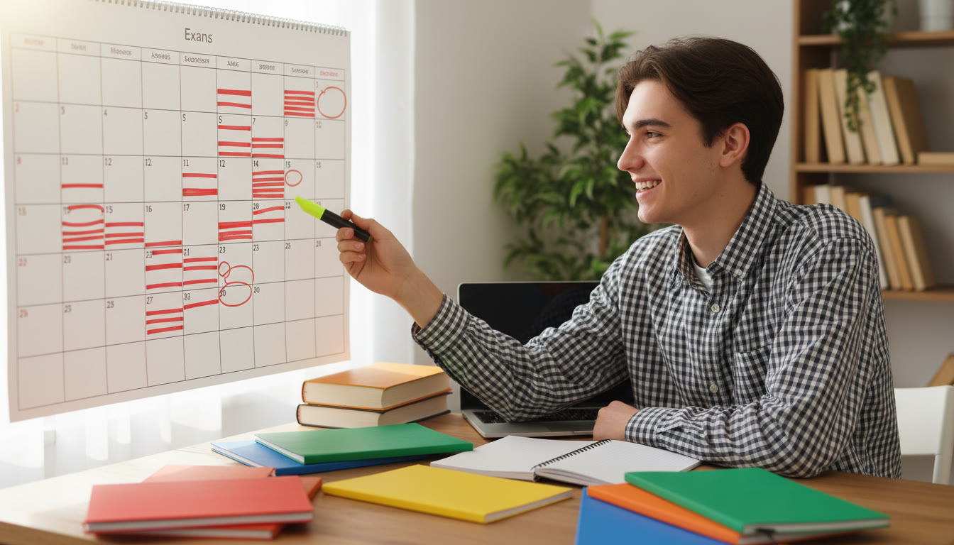Photo Idea : Student with color-coded notebooks and a wall calendar marking key DP deadlines