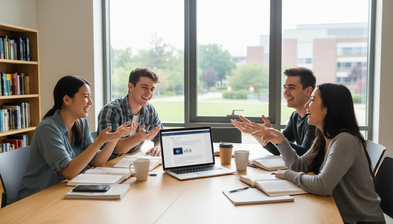 Photo Idea : a small group of students working around a table with a laptop showing a draft labeled 