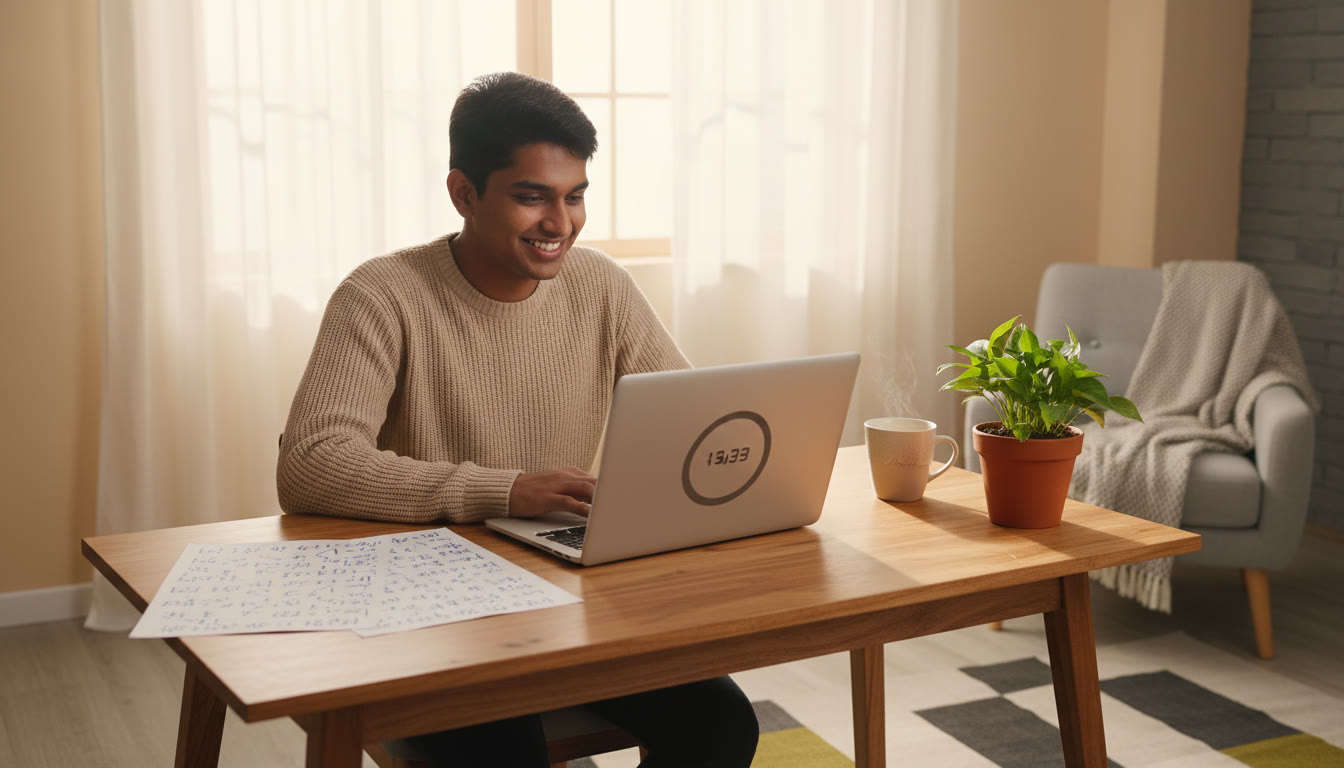 Photo Idea : Student at a tidy desk with laptop, handwritten one-page formula sheets, and a visible countdown timer on the screen