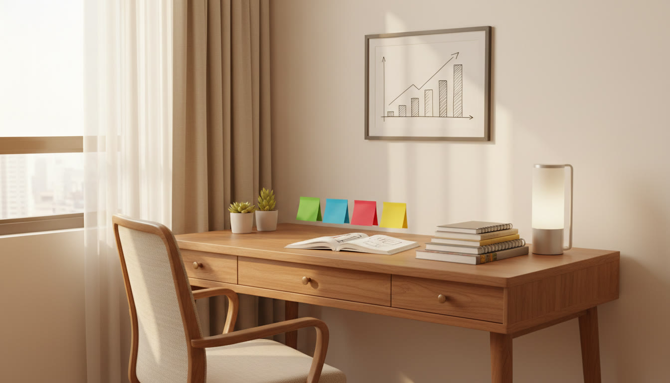 Photo Idea : A tidy study corner with labeled sticky notes for Physics, Chemistry, Mathematics and a small mock-test score chart on the wall