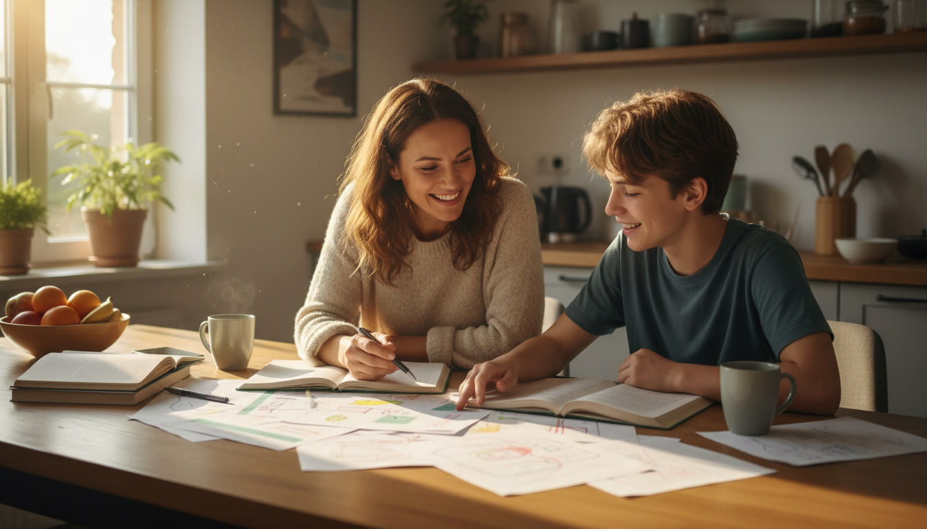 Photo Idea : Parent and adolescent reviewing notes together at a kitchen table, warm morning light