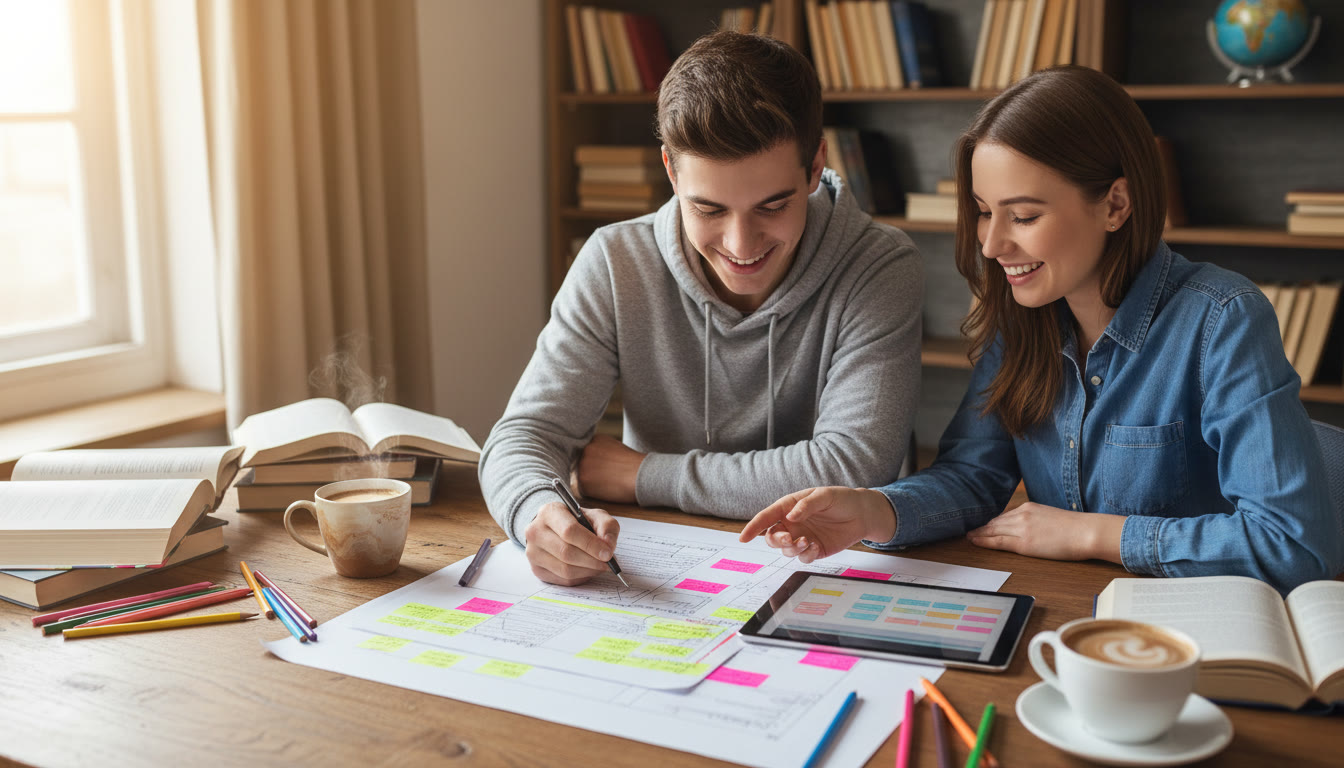 Photo Idea : A student and tutor reviewing a draft together with highlighted notes and a cup of coffee nearby