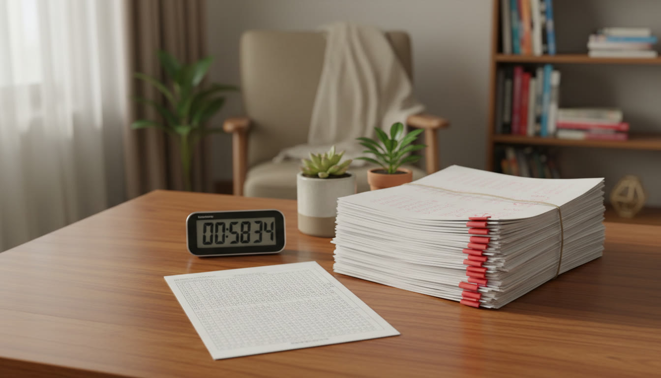 Photo Idea : An OMR answer sheet beside a timer and a stack of marked mock test papers on a wooden table