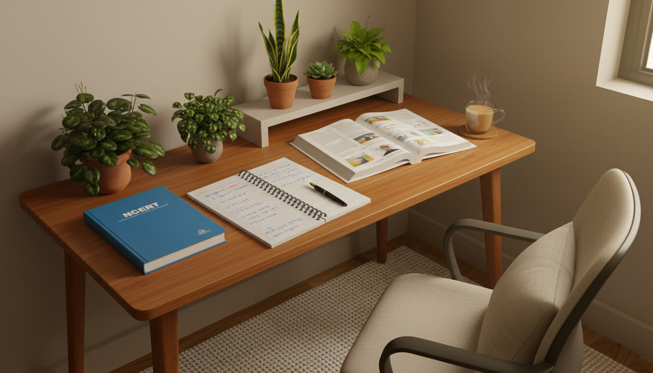 Photo Idea : Student desk with NCERT textbook, a neatly open reference book, and a notebook with notes and formulas