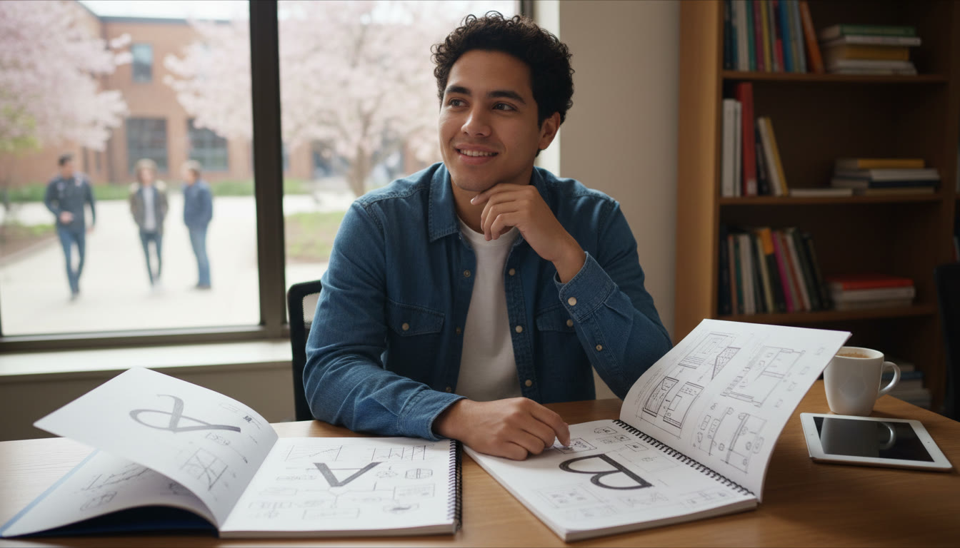 Photo Idea : A student at a desk with two open notebooks, one labeled