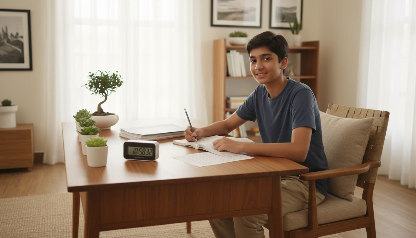 Photo Idea : A student taking a timed mock test on a desk with a stopwatch and answer sheet