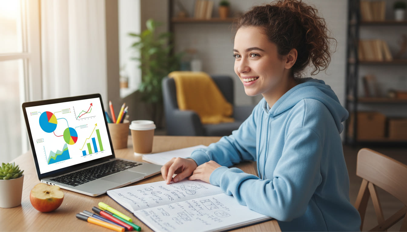 Photo Idea : Student working at a desk with a laptop displaying colourful charts and a notebook of handwritten calculations