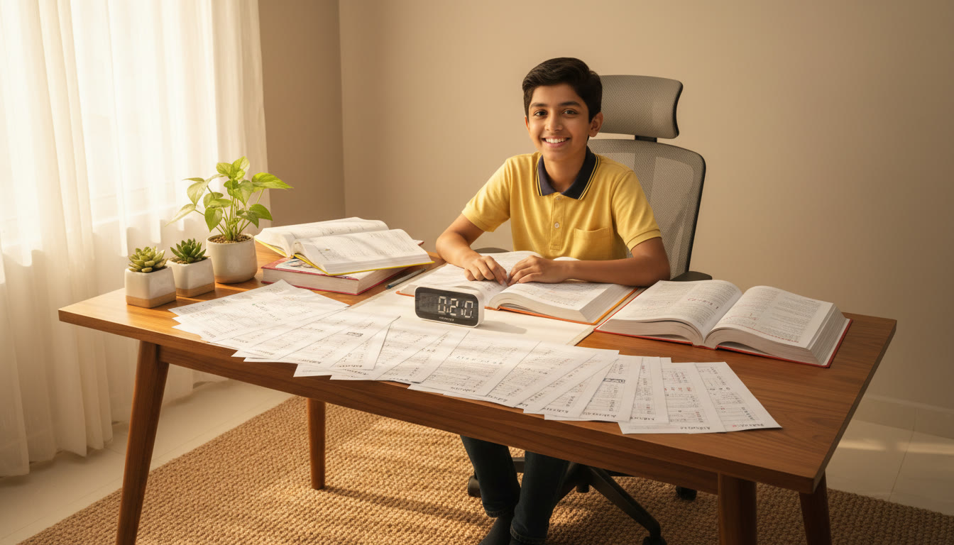 Photo Idea : Student at desk with MCQ sheets, timer, and annotated textbooks