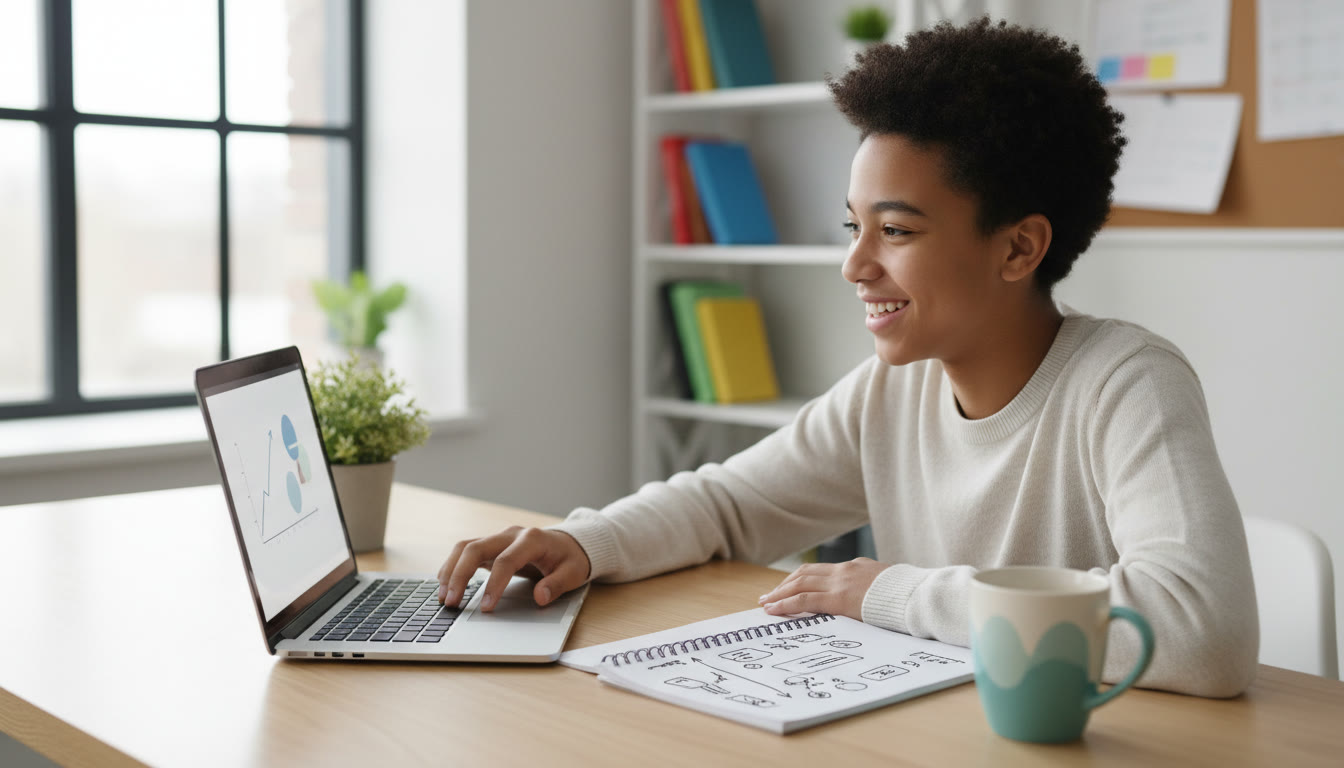 Photo Idea : Student at a tidy desk with a laptop showing a PDF, a notebook with handwritten notes, and a coffee mug