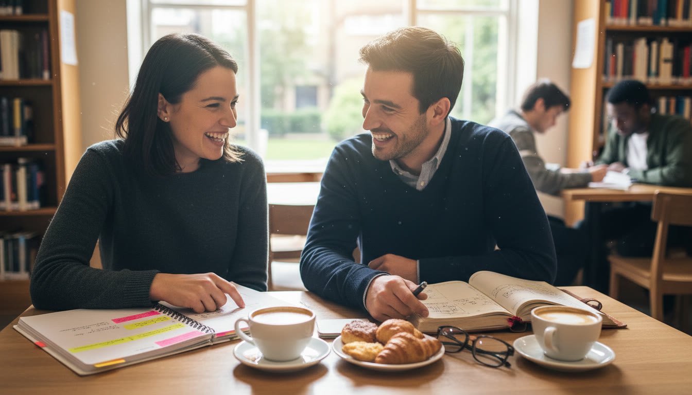 Photo Idea : A student and supervisor discussing draft notes over coffee, with open notebooks and highlighted passages