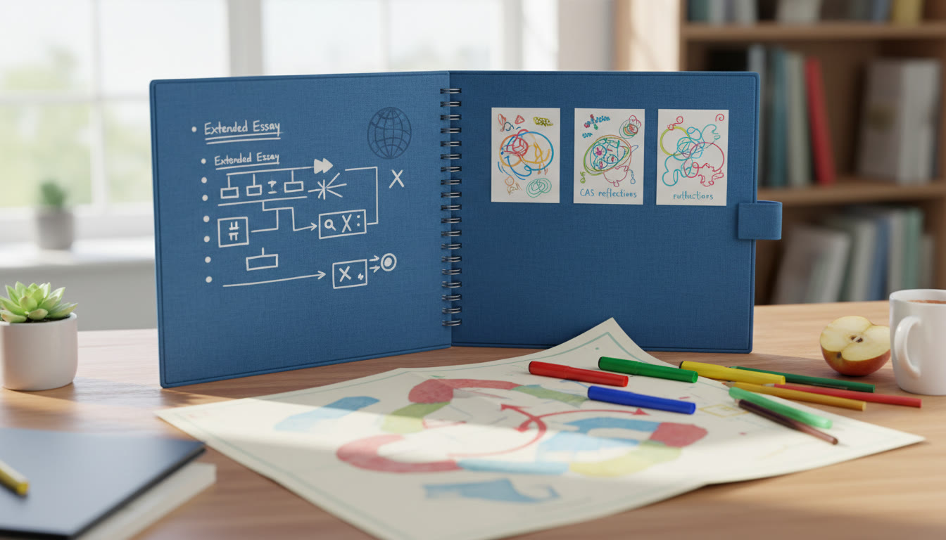 Photo Idea : A student portfolio open on a desk showing an EE outline, CAS reflections, and a printed alignment map with colored markers.
