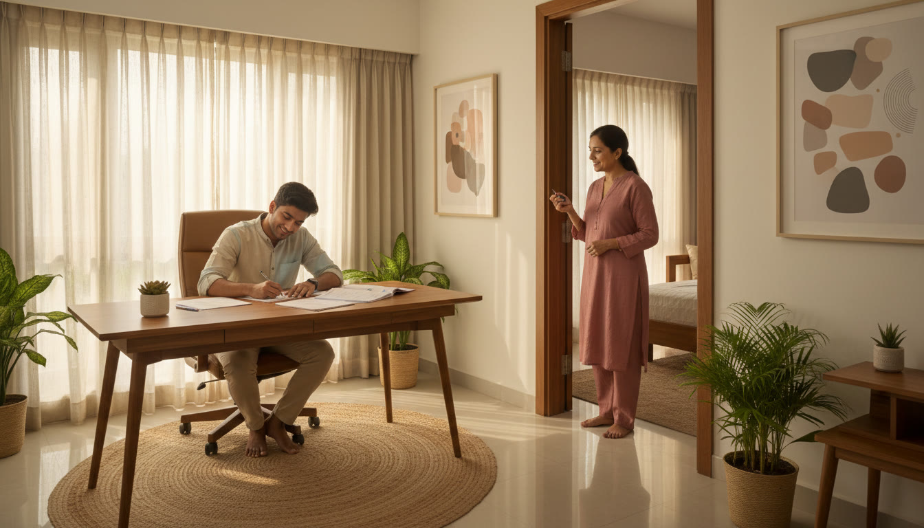Photo Idea : a student taking a full-length mock test in a quiet home study room with a parent timing outside the door