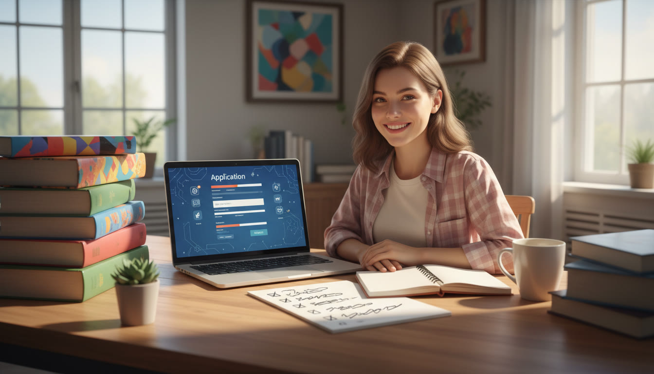Photo Idea : Student at a desk with IB textbooks, laptop open to an application form, and handwritten checklist