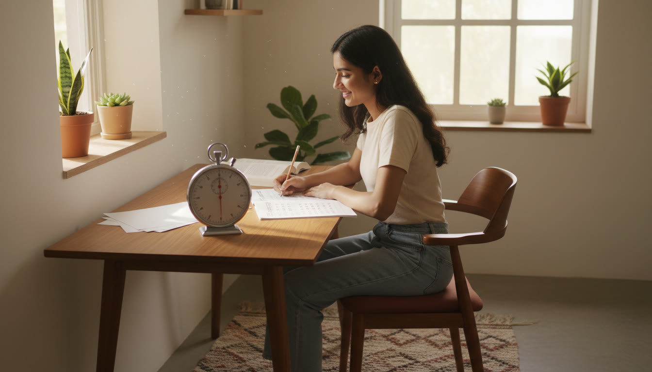 Photo Idea : A bright study nook with a student taking a timed mock test, stopwatch and answer booklet visible