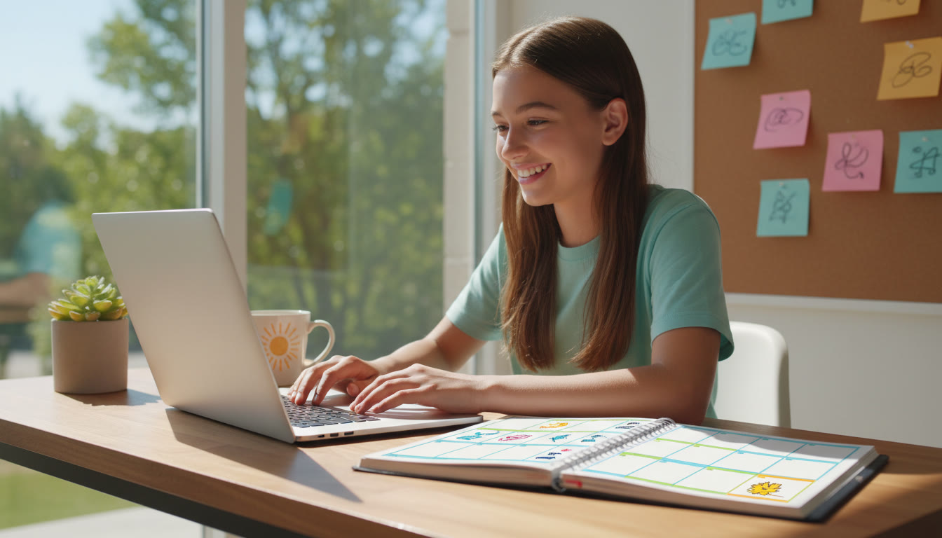Photo Idea : A student using a laptop with a neatly organized weekly planner and sticky notes